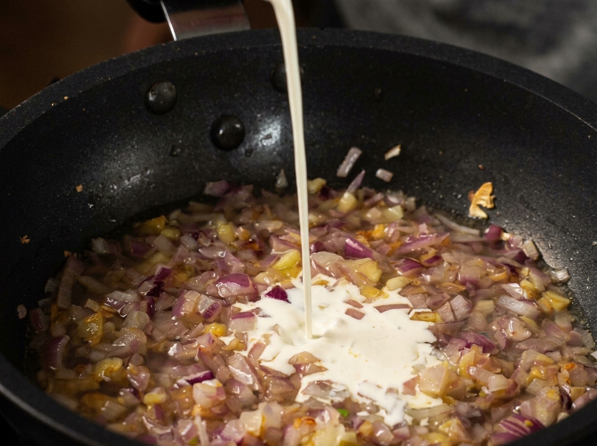 Un hilo constante de crema de leche vertiéndose en una sartén negra con cebolla morada sofrita y caldo de pollo.