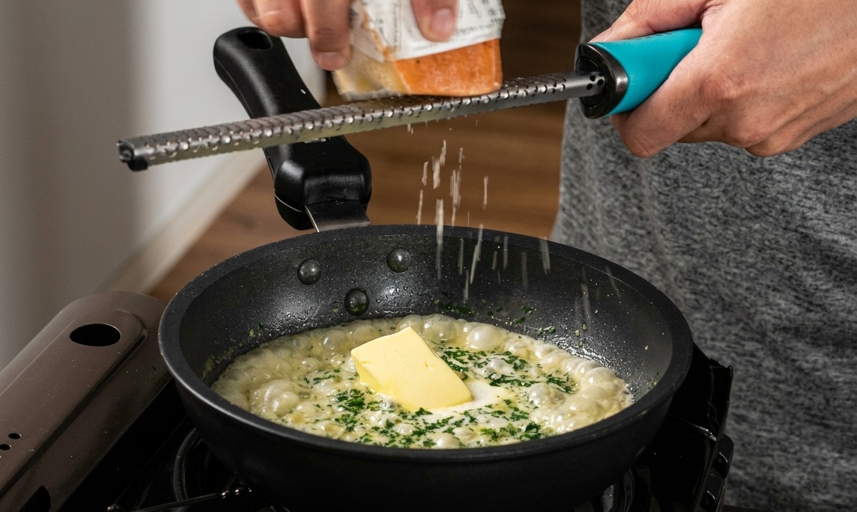 Una persona usando un rallador de mano para agregar queso sobre una salsa blanca para pasta que hierve a fuego lento en una sartén.