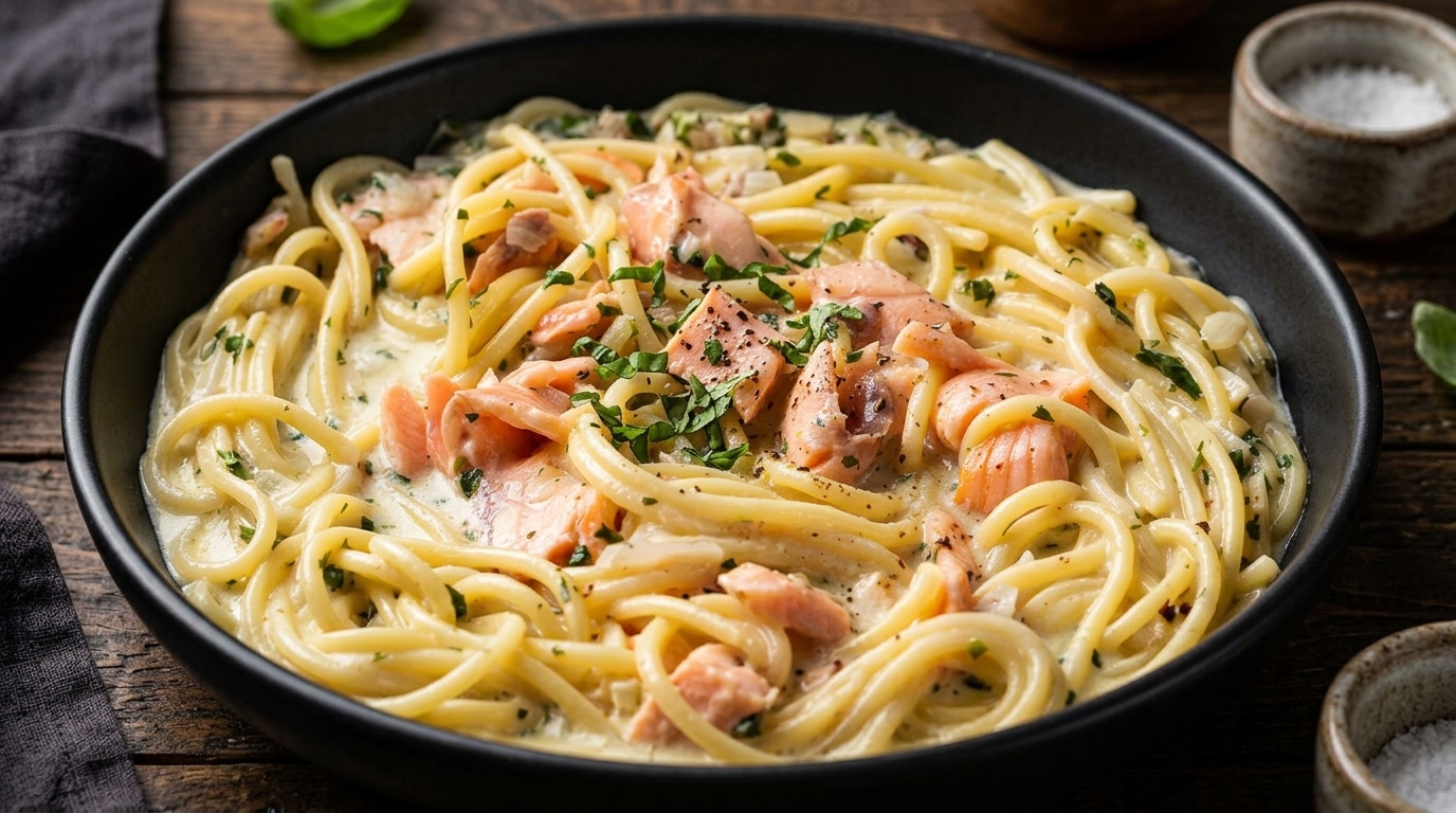 Pasta con salmón en salsa blanca cremosa y albahaca fresca