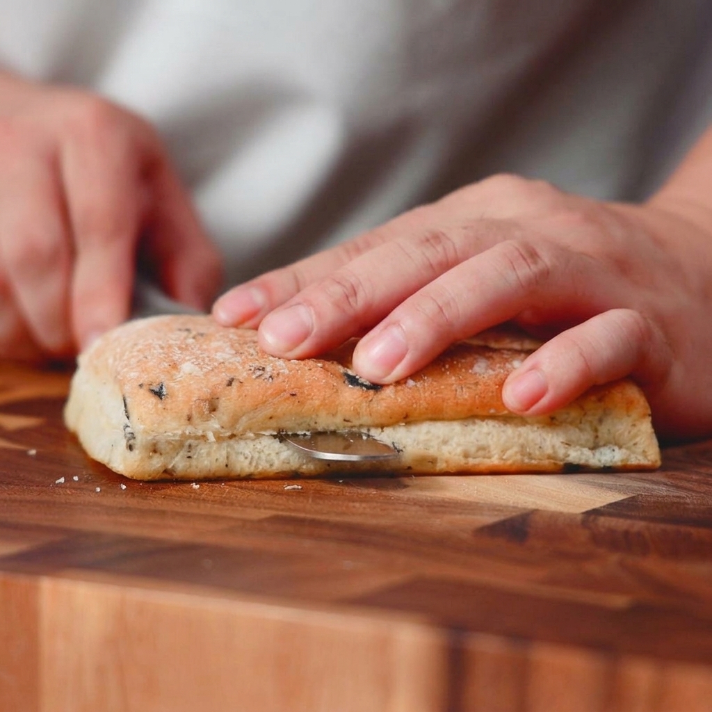 Una mano sosteniendo una barra de pan ciabatta mientras la corta horizontalmente con un cuchillo sobre una tabla de madera.