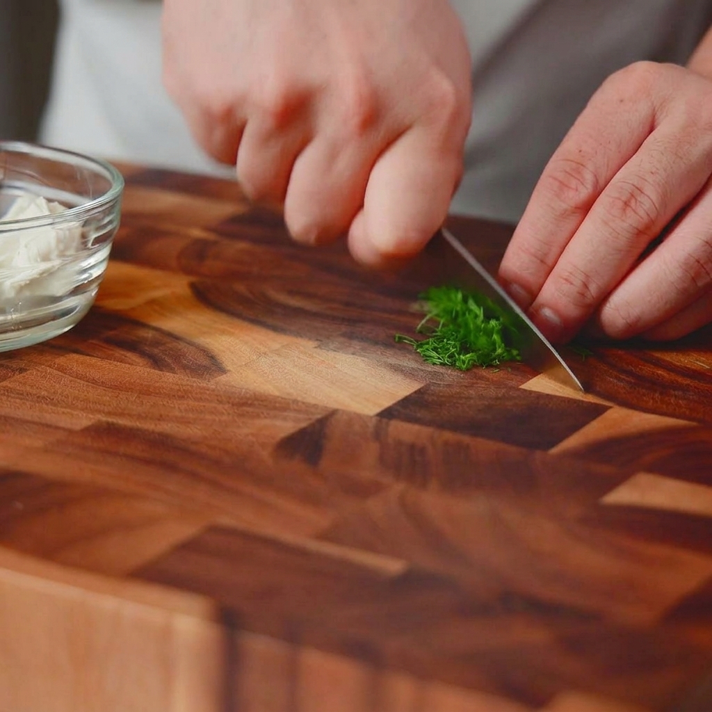Un cuchillo de chef picando finamente un montón de eneldo verde fresco sobre una tabla de cortar de madera oscura.