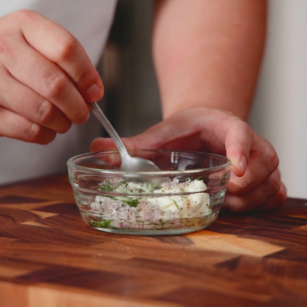 Un pequeño cuenco de cristal que contiene queso crema, chalotas picadas y hierbas mezclándose con una cuchara de metal.