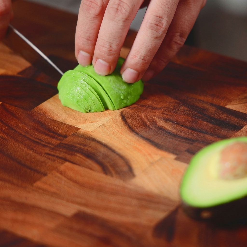 Primer plano de una mano usando un cuchillo para hacer láminas delgadas y uniformes de un aguacate verde brillante sobre una tabla de madera.