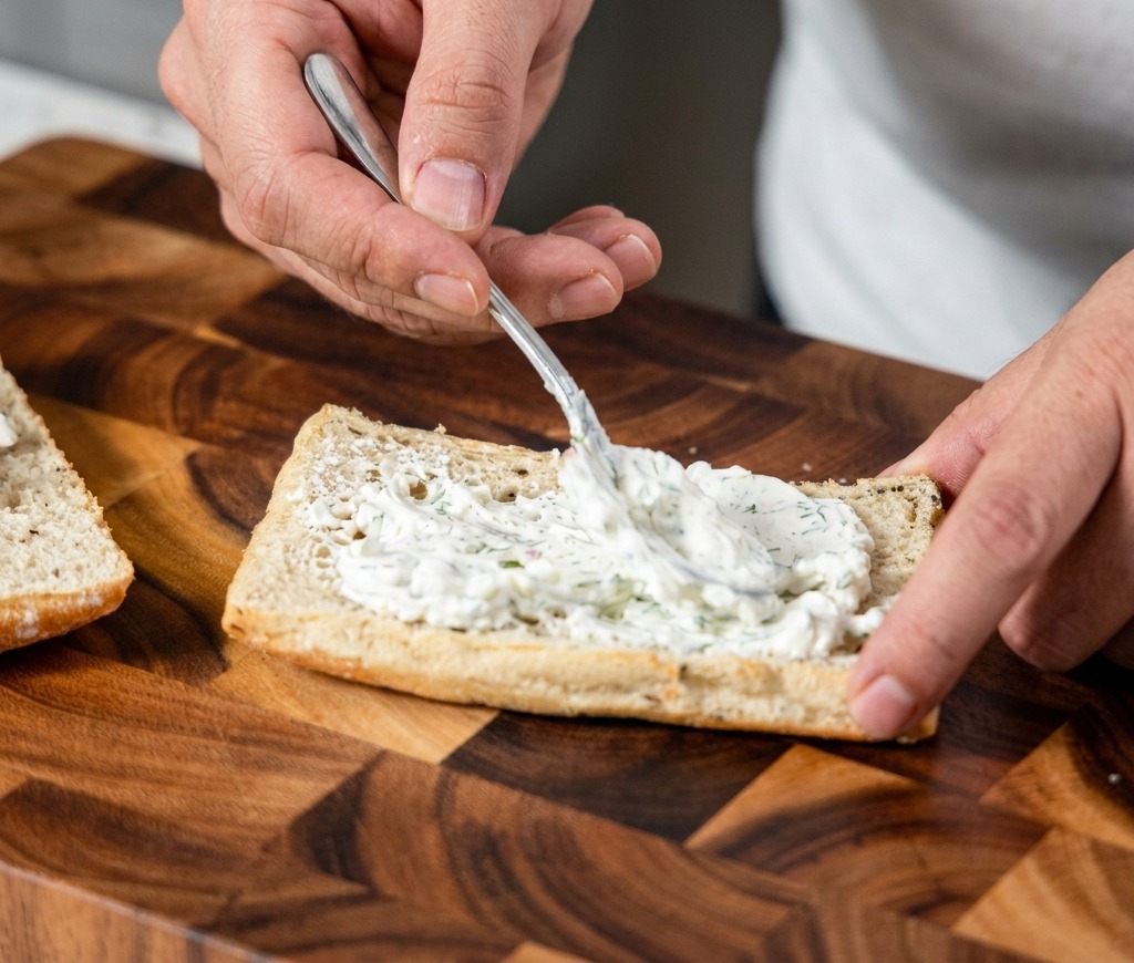 Primer plano de una mano usando una cuchara para untar una capa gruesa de queso crema blanco con hierbas sobre una rebanada de pan artesanal tostado.