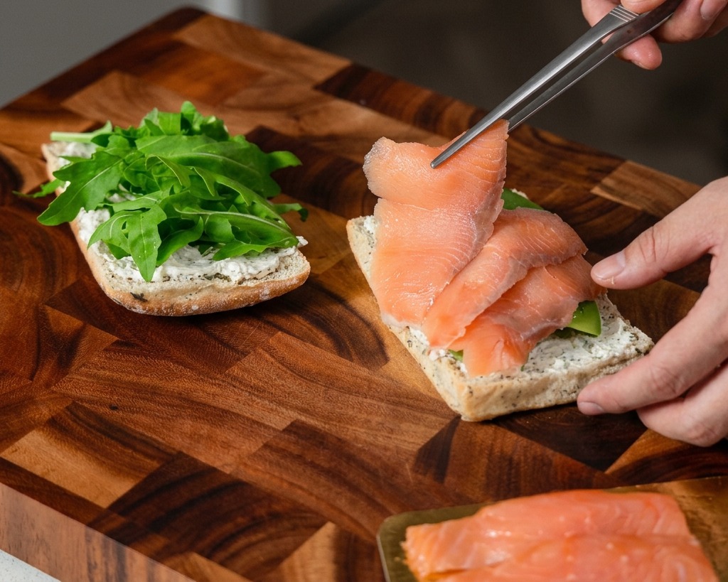 Una persona usando pinzas de cocina plateadas para colocar delicados pliegues de salmón ahumado en un sándwich que ya tiene vegetales y aguacate.