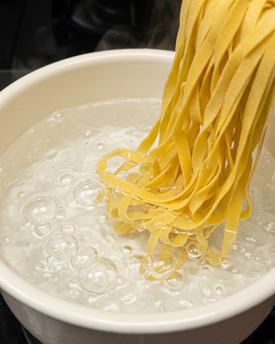 Cintas de pasta fettuccine amarillas siendo sumergidas en una olla de agua hirviendo con burbujas.