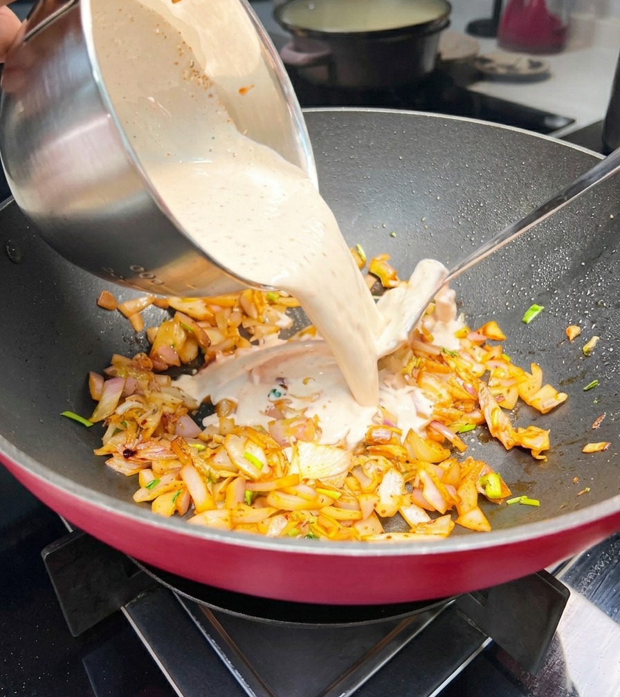 Una salsa cremosa de color rosa claro vertiéndose desde un tazón de acero inoxidable en un wok con cebollas y aromáticos salteados.