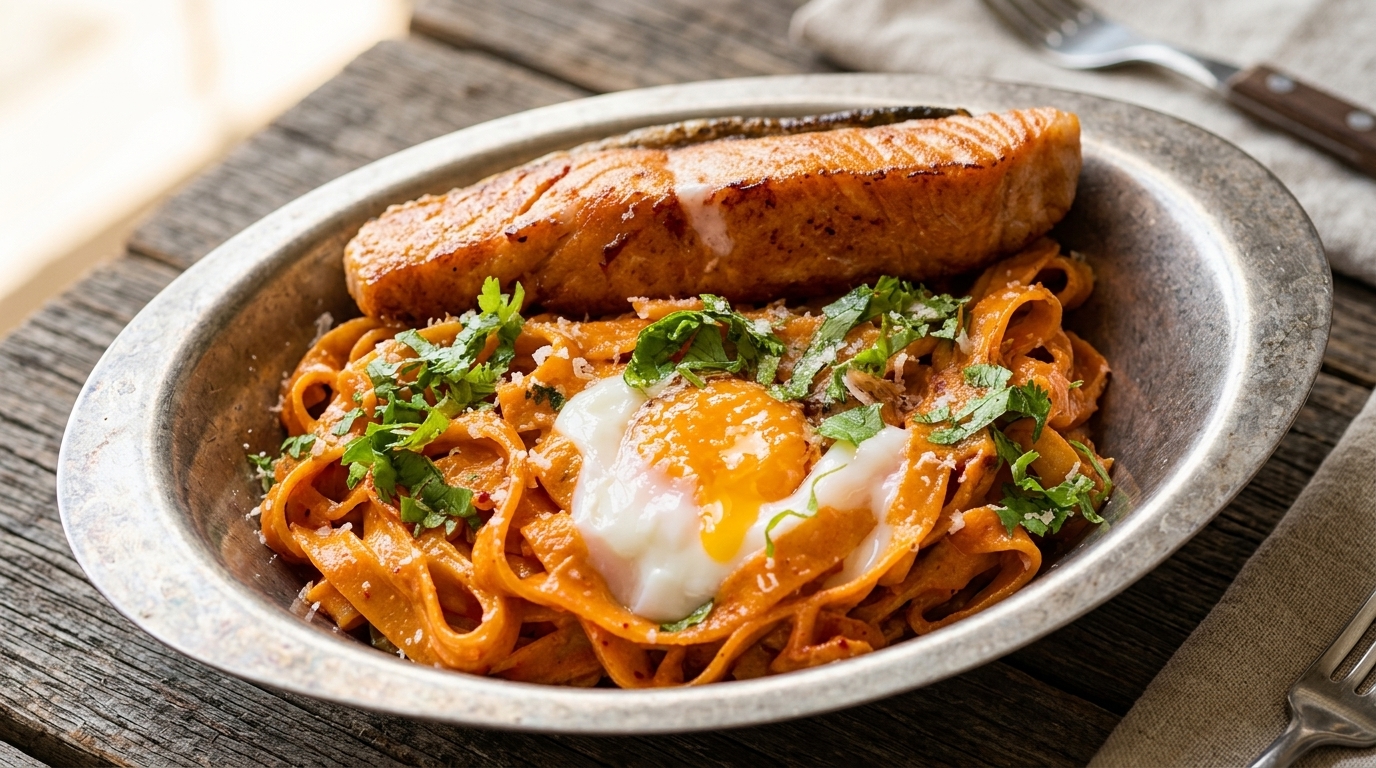 Pasta cremosa picante con salmón y kimchi bajo en grasa y huevo onsen