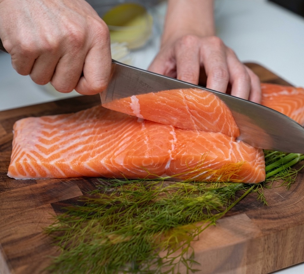 Manos usando un cuchillo afilado para cortar un filete de salmón fresco y crudo en dados uniformes sobre una tabla de cortar de madera.