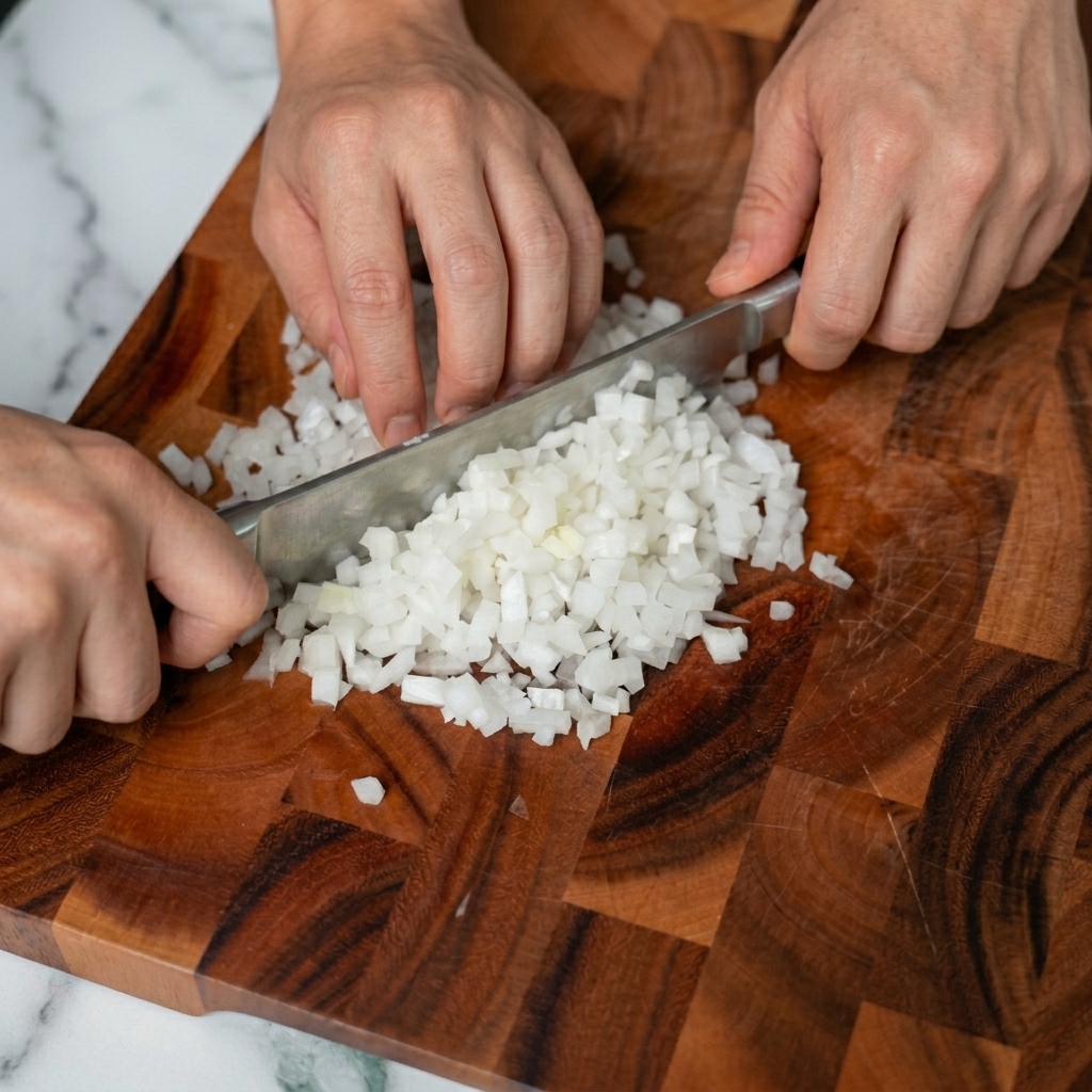 Manos picando finamente una cebolla blanca en cubos pequeños y uniformes sobre una tabla de cortar de madera oscura.