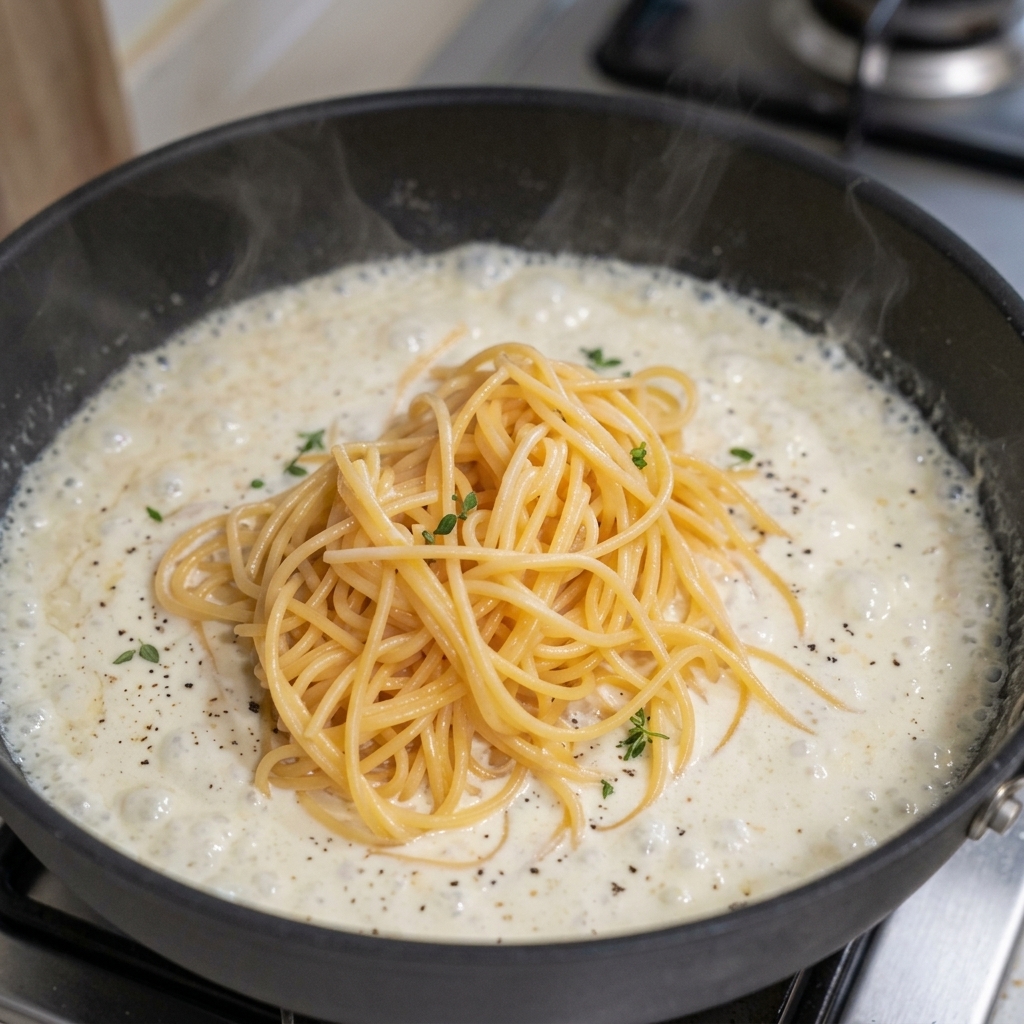 Un montón de espaguetis cocidos colocados en una sartén con salsa de crema blanca burbujeante.