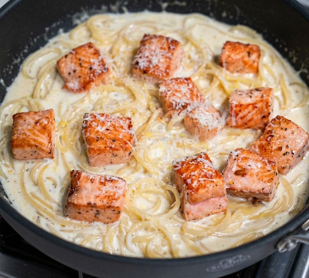 Queso parmesano fresco siendo finamente rallado sobre dados de salmón y pasta cremosa en una sartén.