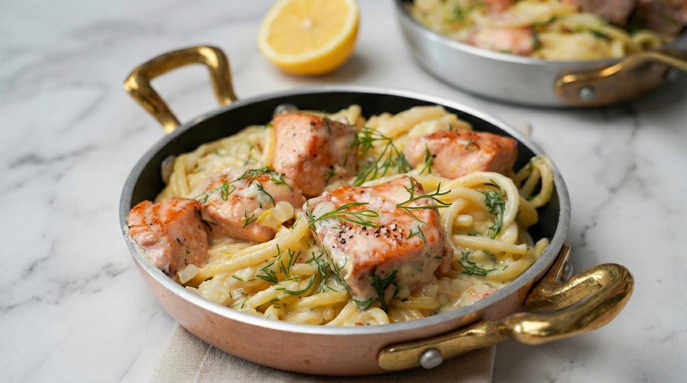 Pasta cremosa con salmón al limón y eneldo fresco