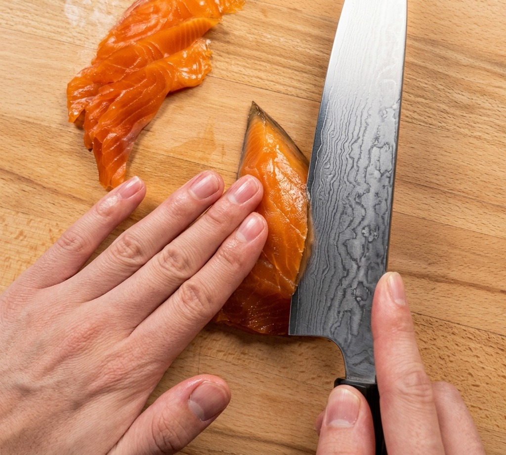 Primer plano de unas manos usando un cuchillo profesional de acero de Damasco para cortar salmón ahumado de color naranja vibrante sobre una tabla de madera limpia.