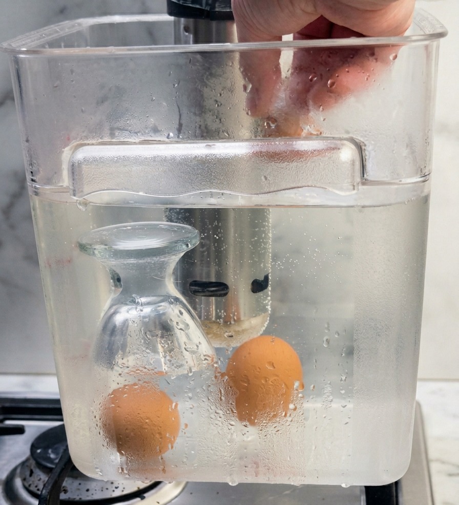 Una mano introduciendo huevos camperos en un contenedor de agua transparente equipado con un circulador de inmersión sous-vide.