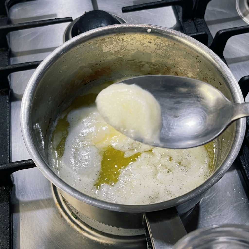 Un cazo de acero inoxidable en la estufa con mantequilla amarilla derretida, mientras una cuchara de metal retira la espuma blanca de la superficie.