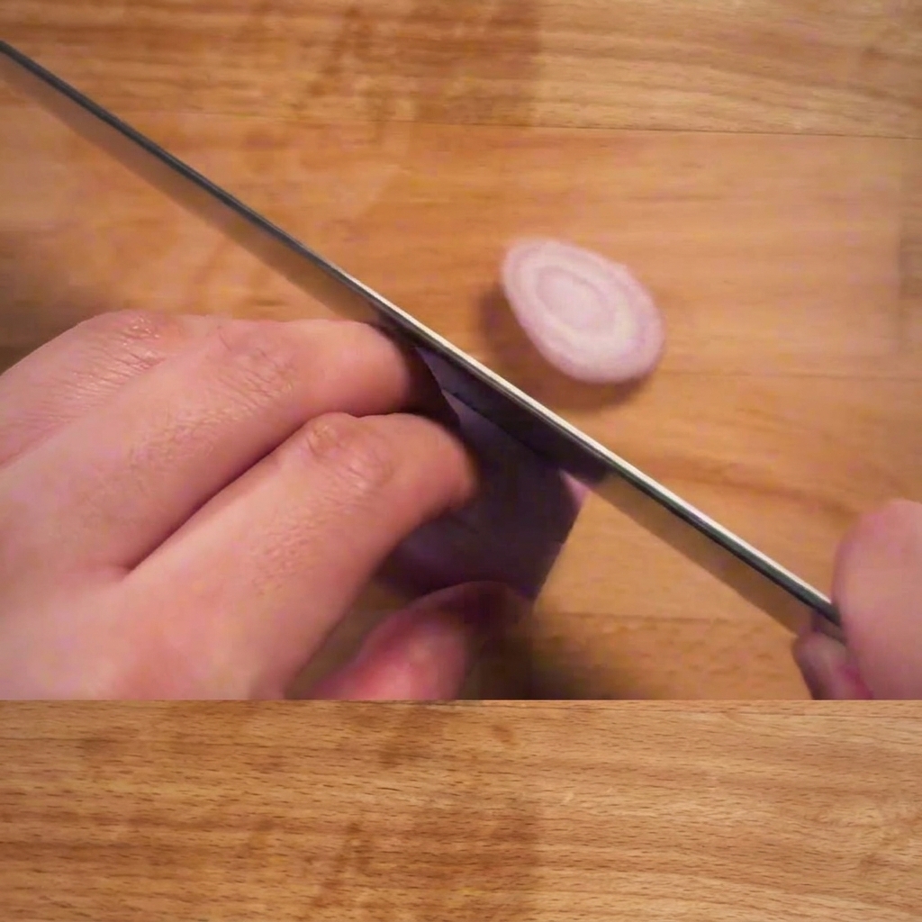 Manos de un chef cortando finamente una chalota morada en rodajas sobre una tabla de cortar de madera.