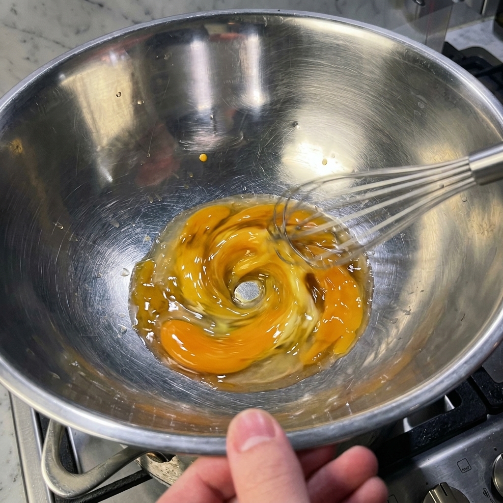 Un bol de acero inoxidable con yemas de huevo de color amarillo brillante siendo batidas enérgicamente con un batidor de varillas.