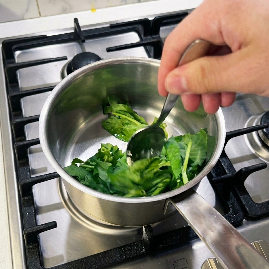 Una cuchara removiendo brotes de guisante de color verde brillante en un cazo pequeño con mantequilla derretida.