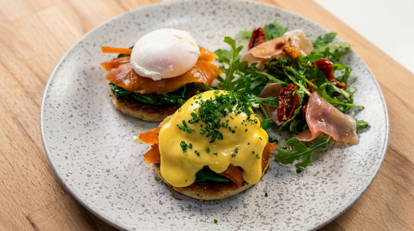 Huevos Benedictinos con salmón ahumado sobre brioche tostado estilo restaurante