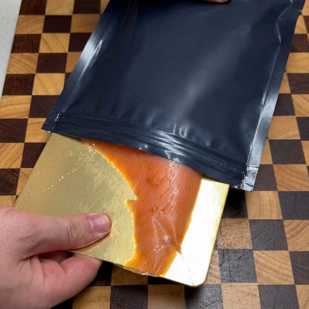 Una mano sacando una rebanada grande de salmón ahumado de color naranja de un empaque plástico negro sobre una tabla de madera.