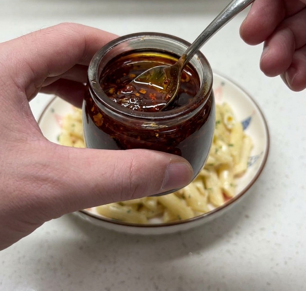 Una mano sosteniendo una cuchara y un pequeño frasco de vidrio, vertiendo un hilo de aceite de chile rojo brillante sobre la pasta de salmón cremosa servida.