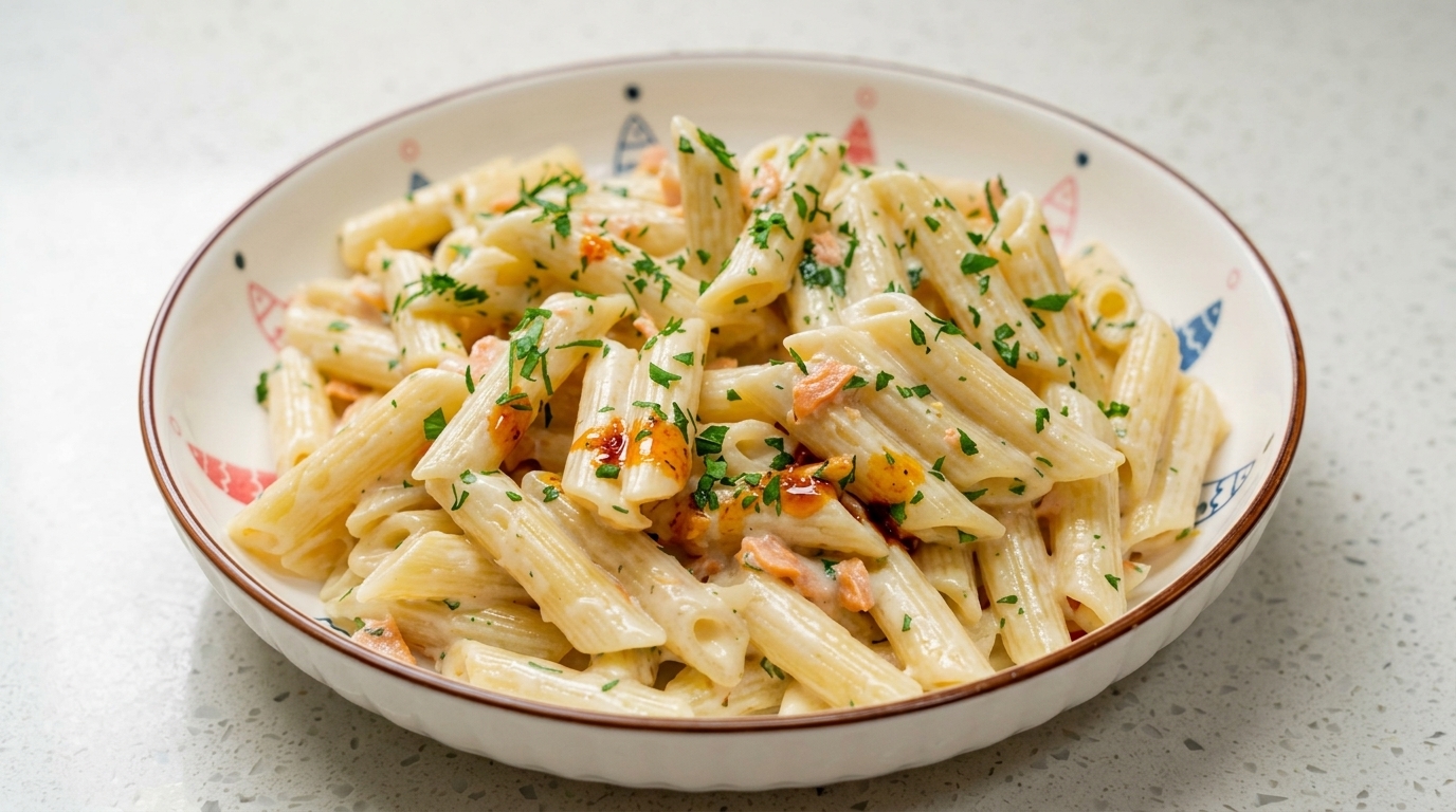 Penne cremosos con salmón ahumado y aceite de chile (Penne con Panna e Salmone)
