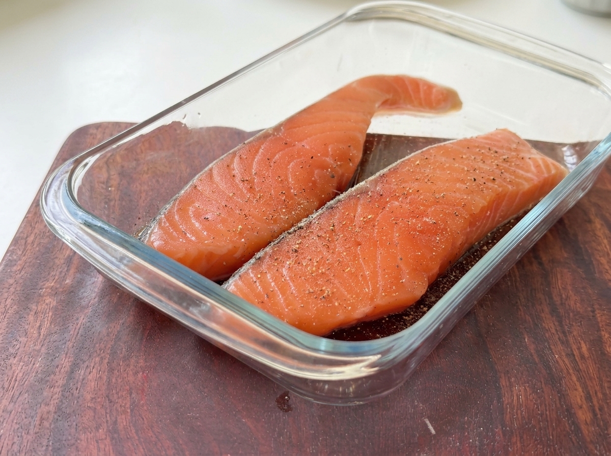 Dos filetes de salmón rosado fresco en un recipiente de vidrio, sazonados con sal gruesa y pimienta negra molida.