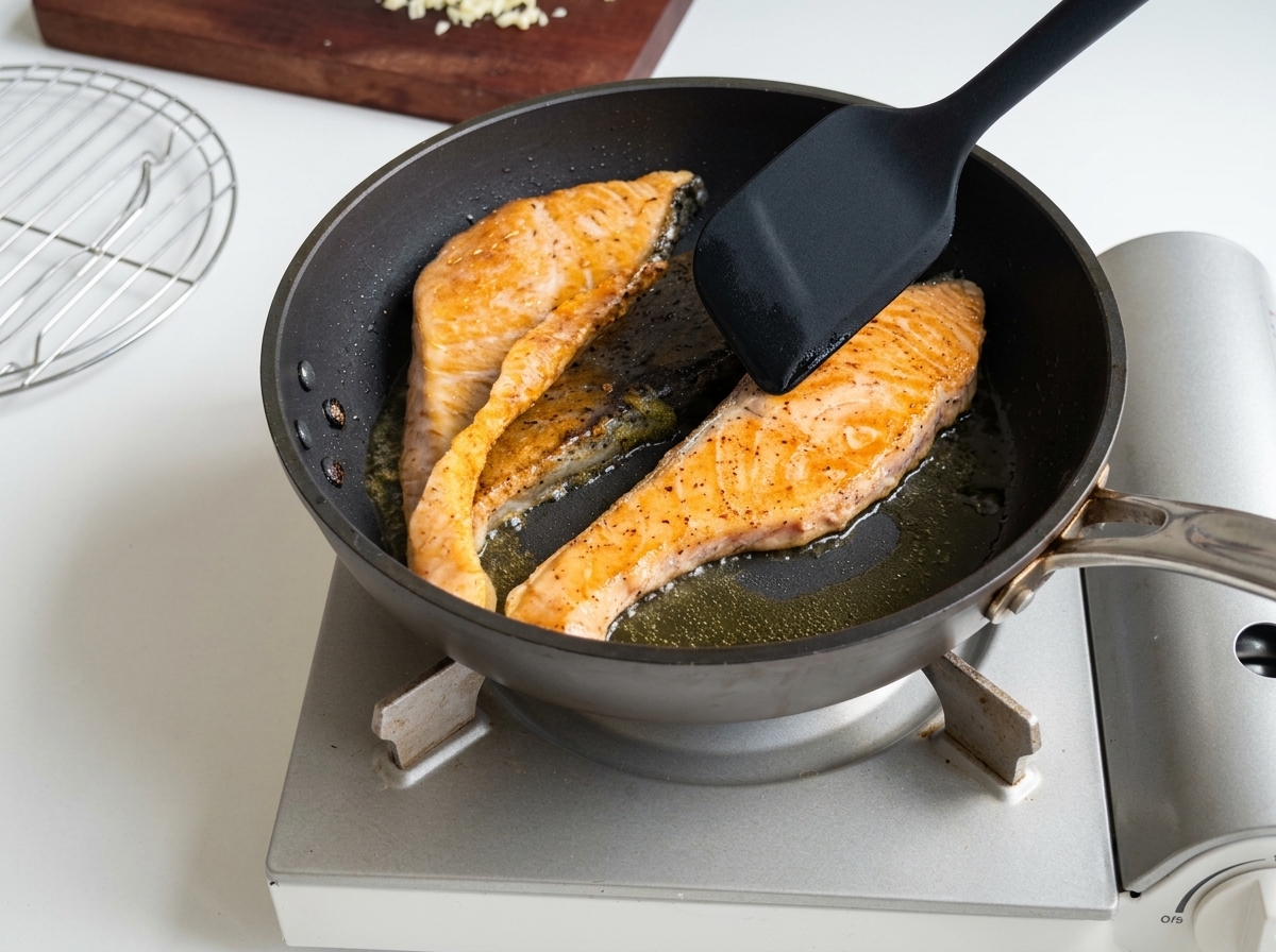 Filetes de salmón sellándose en una sartén, mostrando superficies doradas y una piel muy crujiente.
