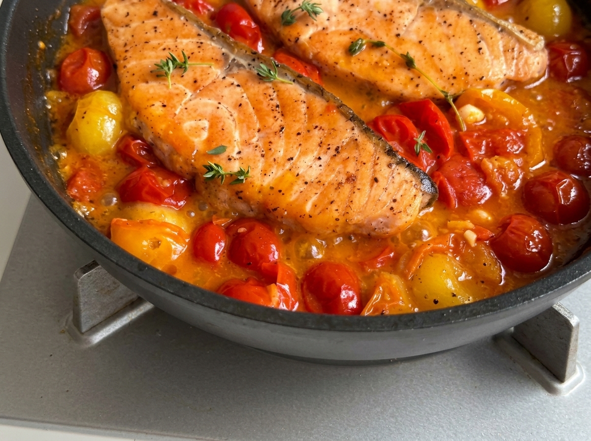 Dos filetes de salmón sellados reposando en una salsa de tomates cherry vibrante y burbujeante, decorada con tomillo fresco.