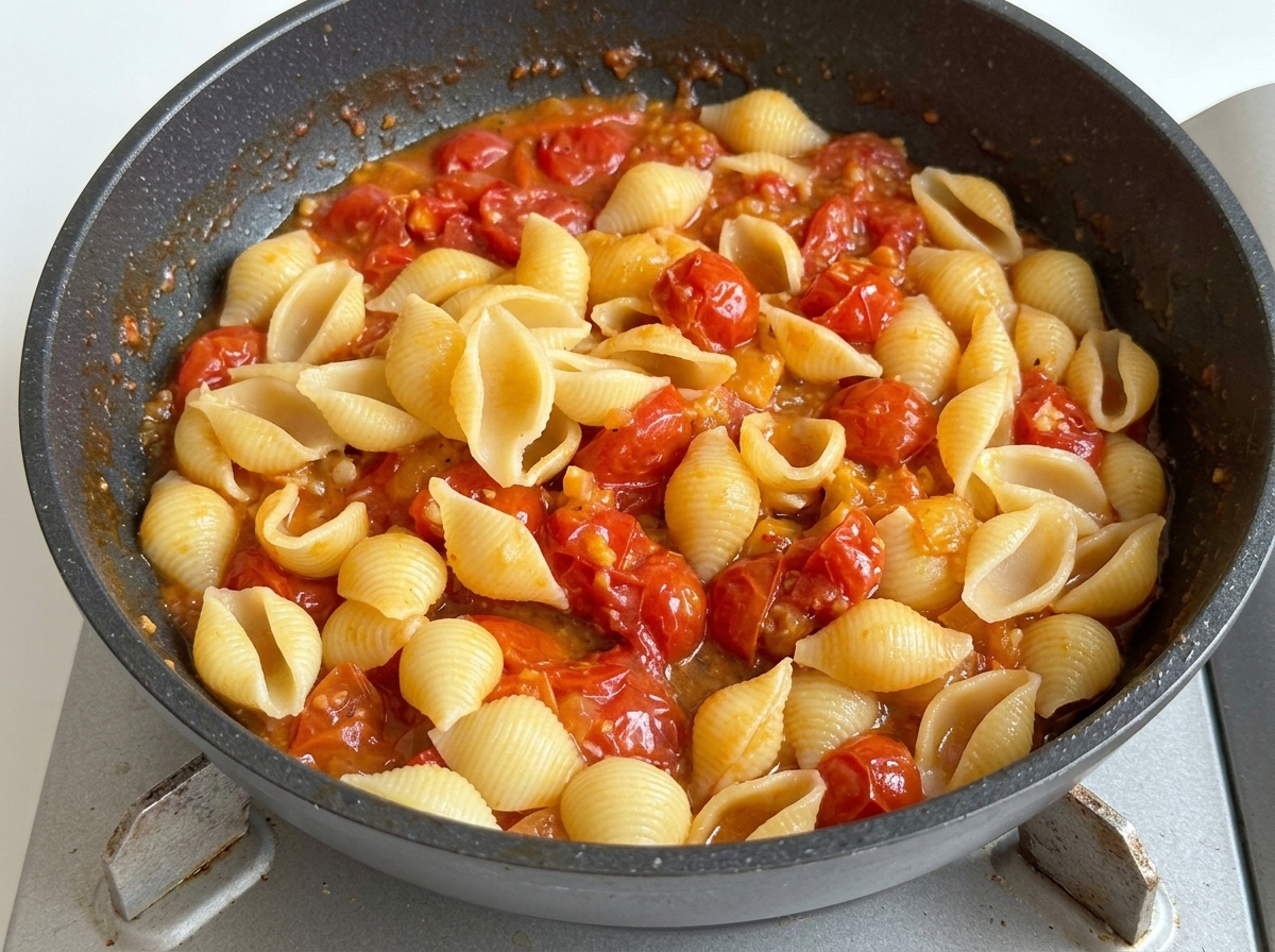 Pasta de caracolas cocida mezclándose con una salsa rústica de tomates cherry en una sartén antiadherente.