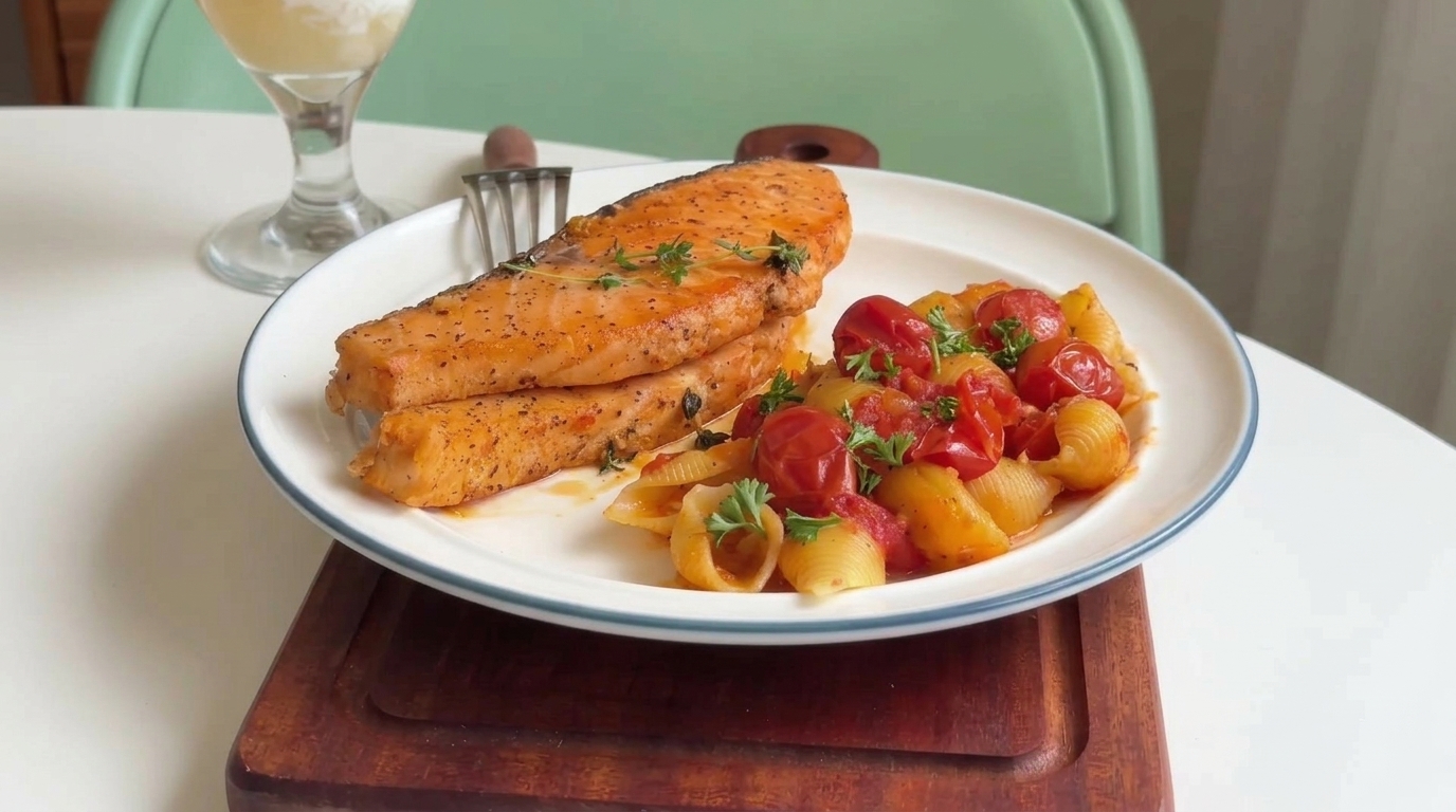 Salmón sellado dorado servido sobre pasta de caracolas con una salsa rústica de tomates cherry y hierbas frescas.
