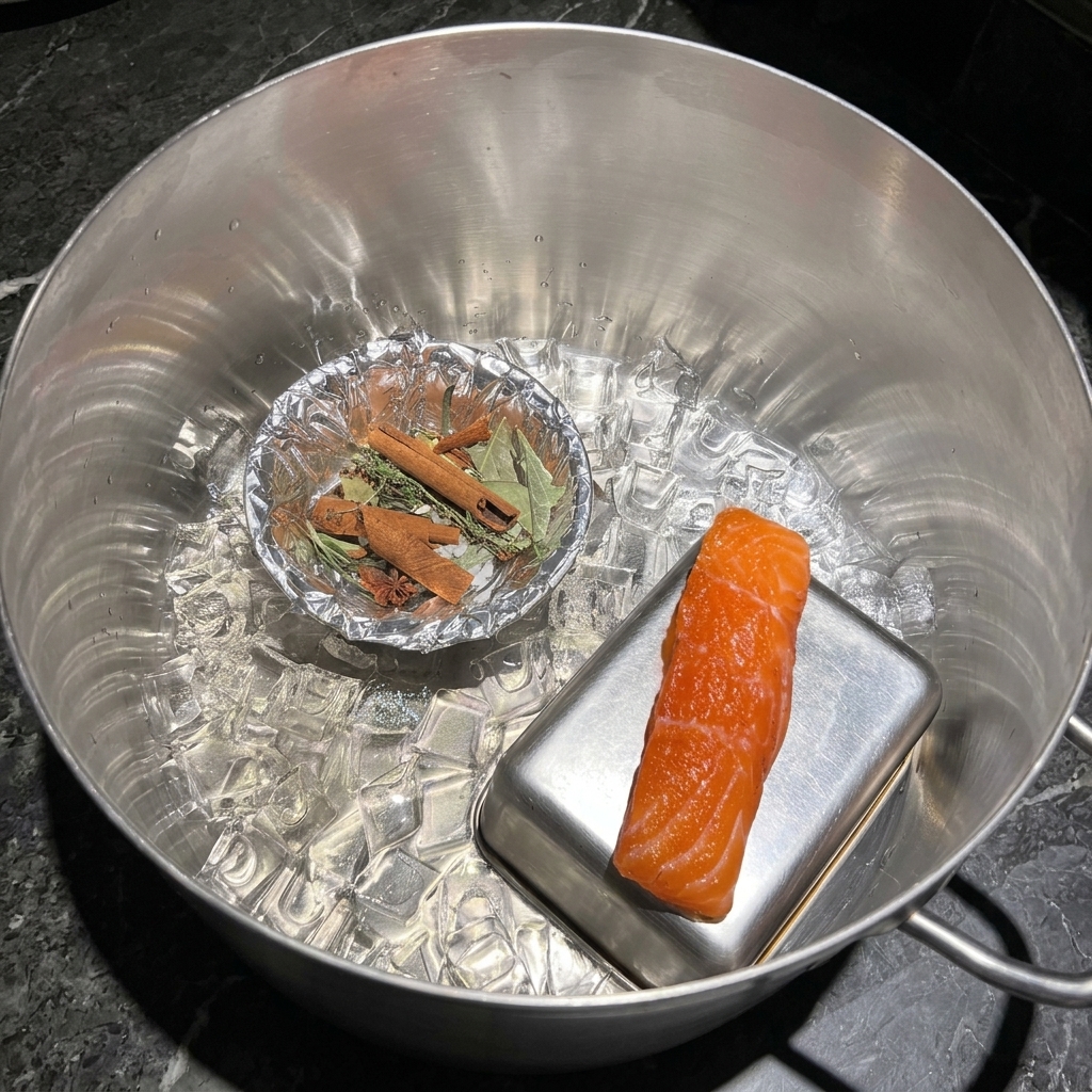 Vista superior de una olla de metal grande que contiene cubos de hielo, un bol forrado con papel de aluminio con especias secas y un filete de salmón curado apoyado sobre un recipiente rectangular pequeño.