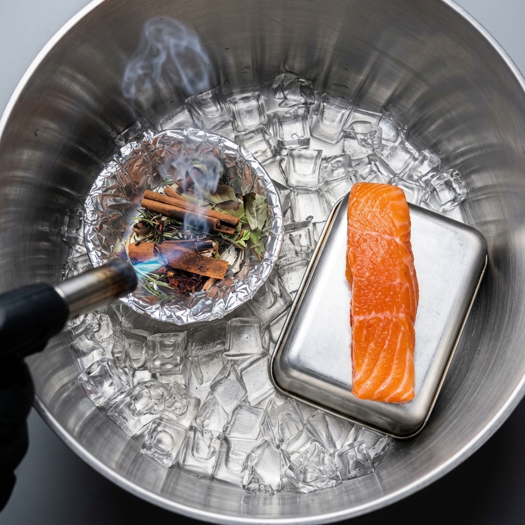 Una mano sosteniendo un soplete de cocina para encender una mezcla de ramas de canela y hojas de laurel dentro de un bol de aluminio, con un trozo de salmón sobre hielo cerca.