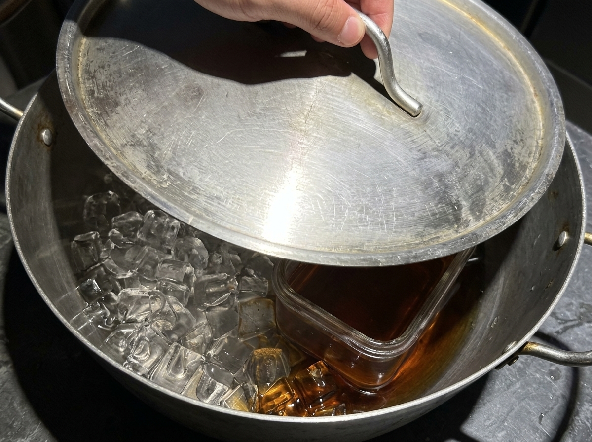 Una mano colocando una tapa de metal sobre una olla grande llena de hielo y especias para ahumar para atrapar el humo en su interior.