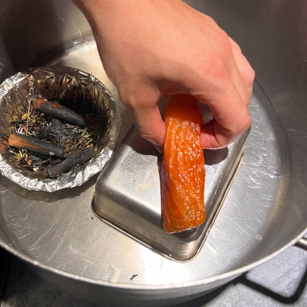 Una mano levantando con cuidado un trozo vibrante de salmón ahumado en frío de una olla grande que contiene hielo derretido y especias carbonizadas.