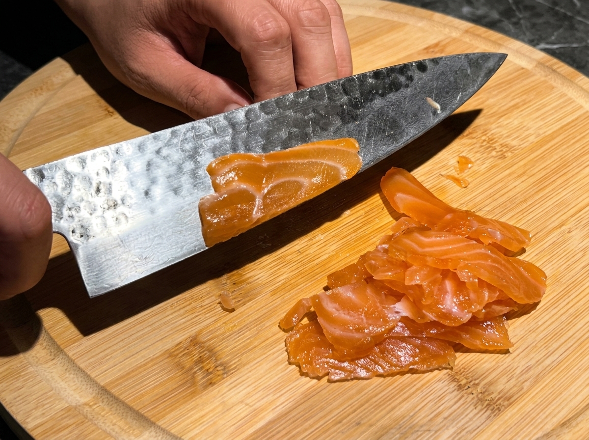 Un cuchillo afilado cortando un filete de salmón ahumado de color naranja brillante en trozos finos y uniformes sobre una tabla de cortar de madera.