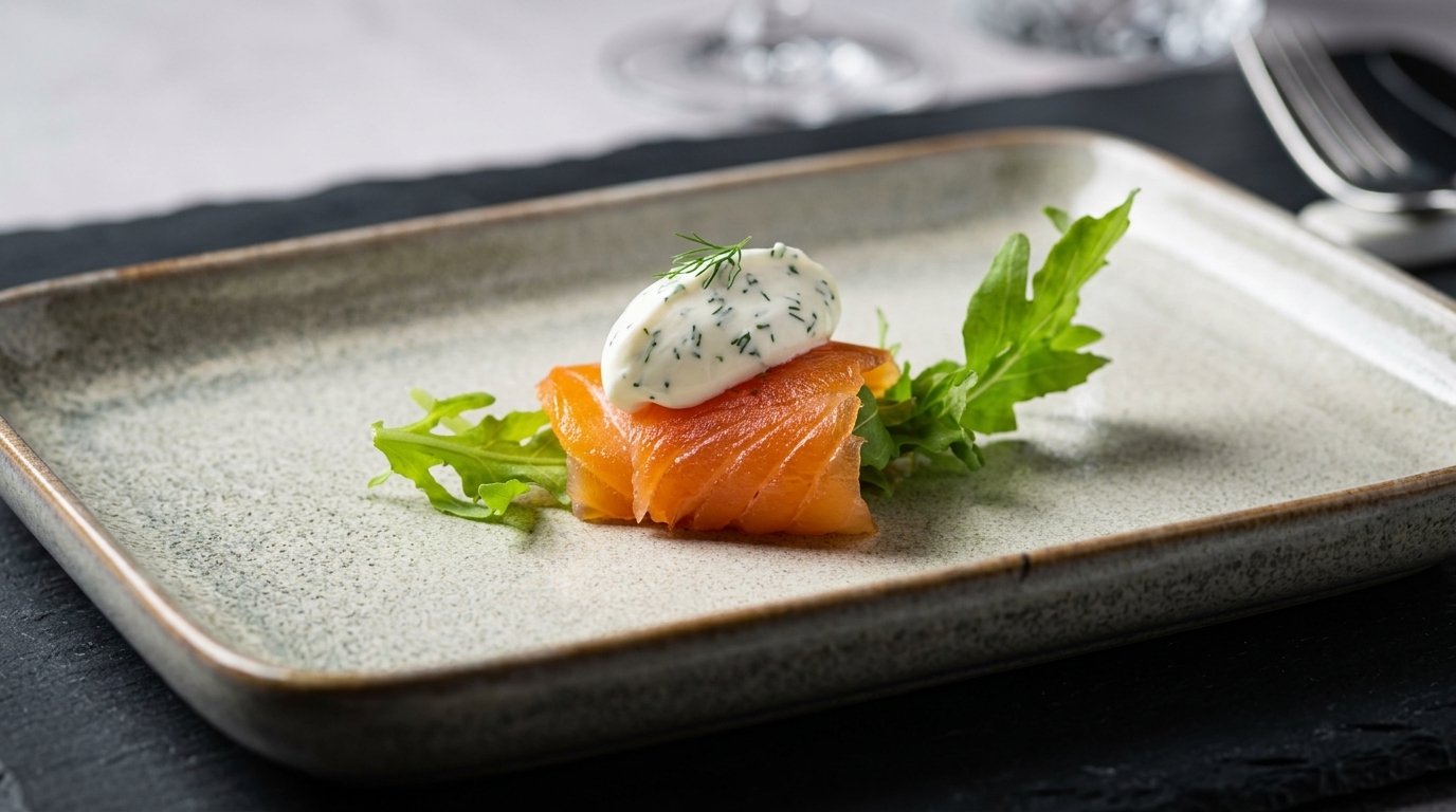 Salmón ahumado en frío casero con crema agria a las hierbas