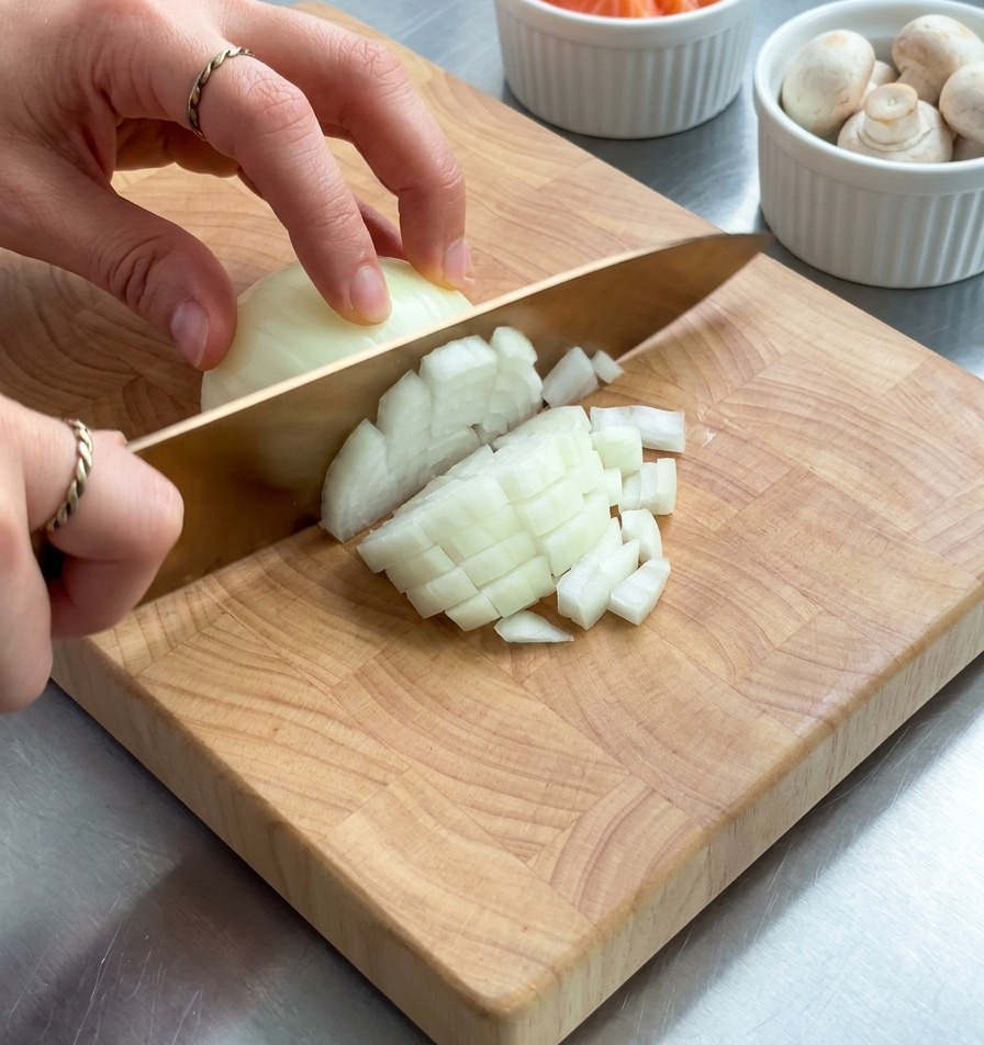 Una persona picando una cebolla blanca en una tabla de madera con champiñones y salmón preparados al fondo.