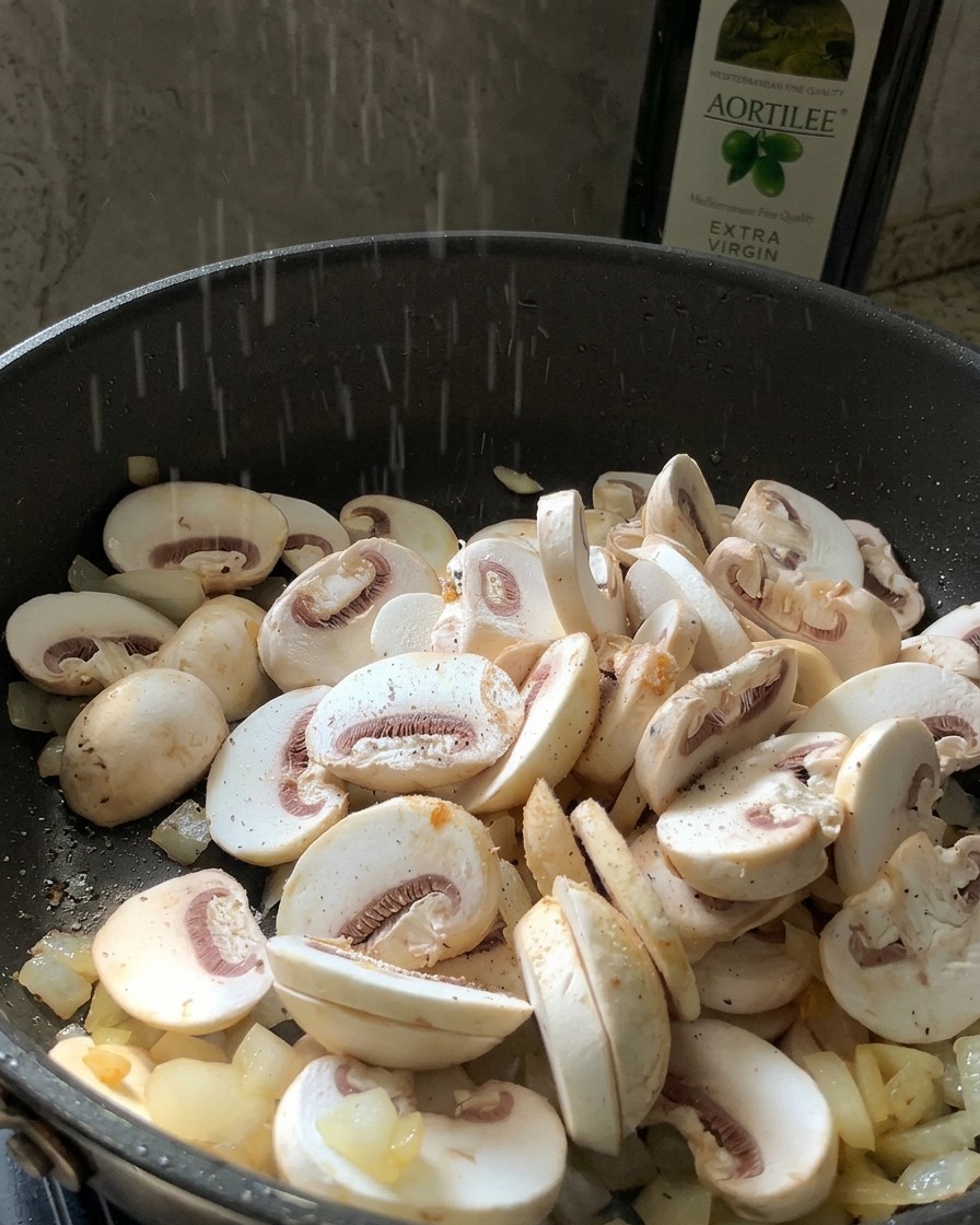 Un montón de champiñones blancos frescos laminados añadiéndose a una sartén con cebolla sofrita.