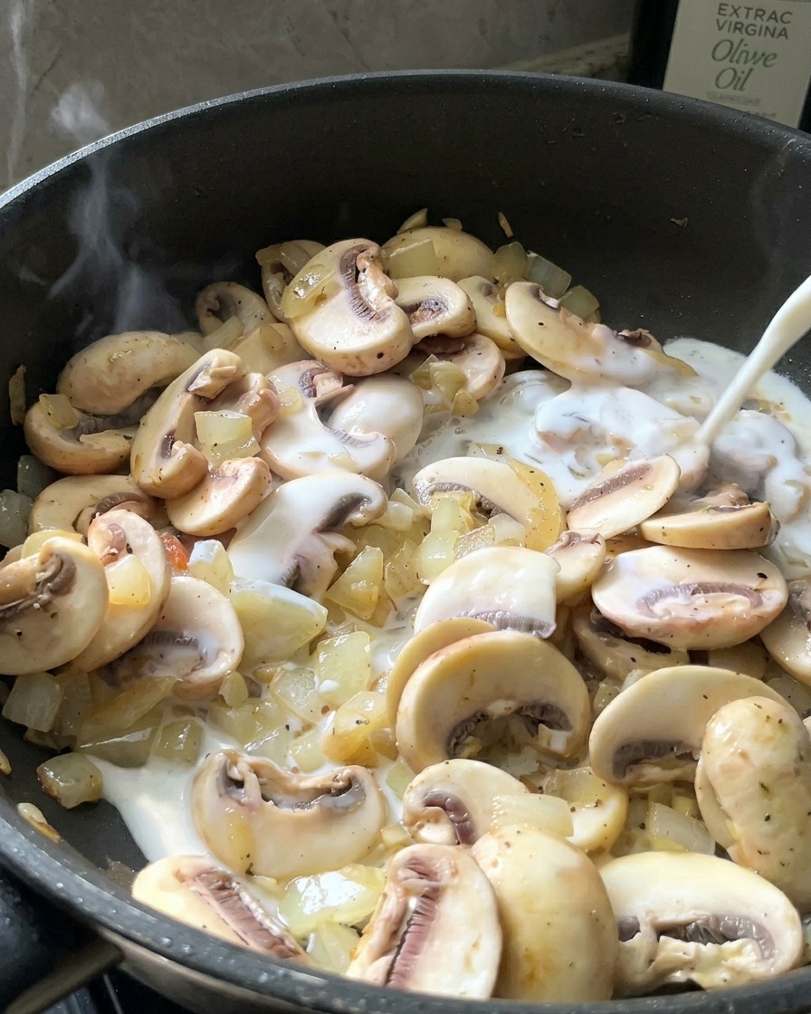 Leche entera vertiéndose desde cierta altura en una sartén llena de champiñones y cebollas cocinados.