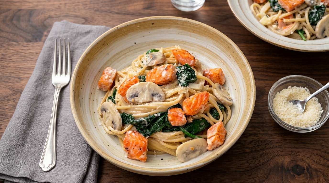 Espaguetis integrales con salmón y champiñones en salsa cremosa