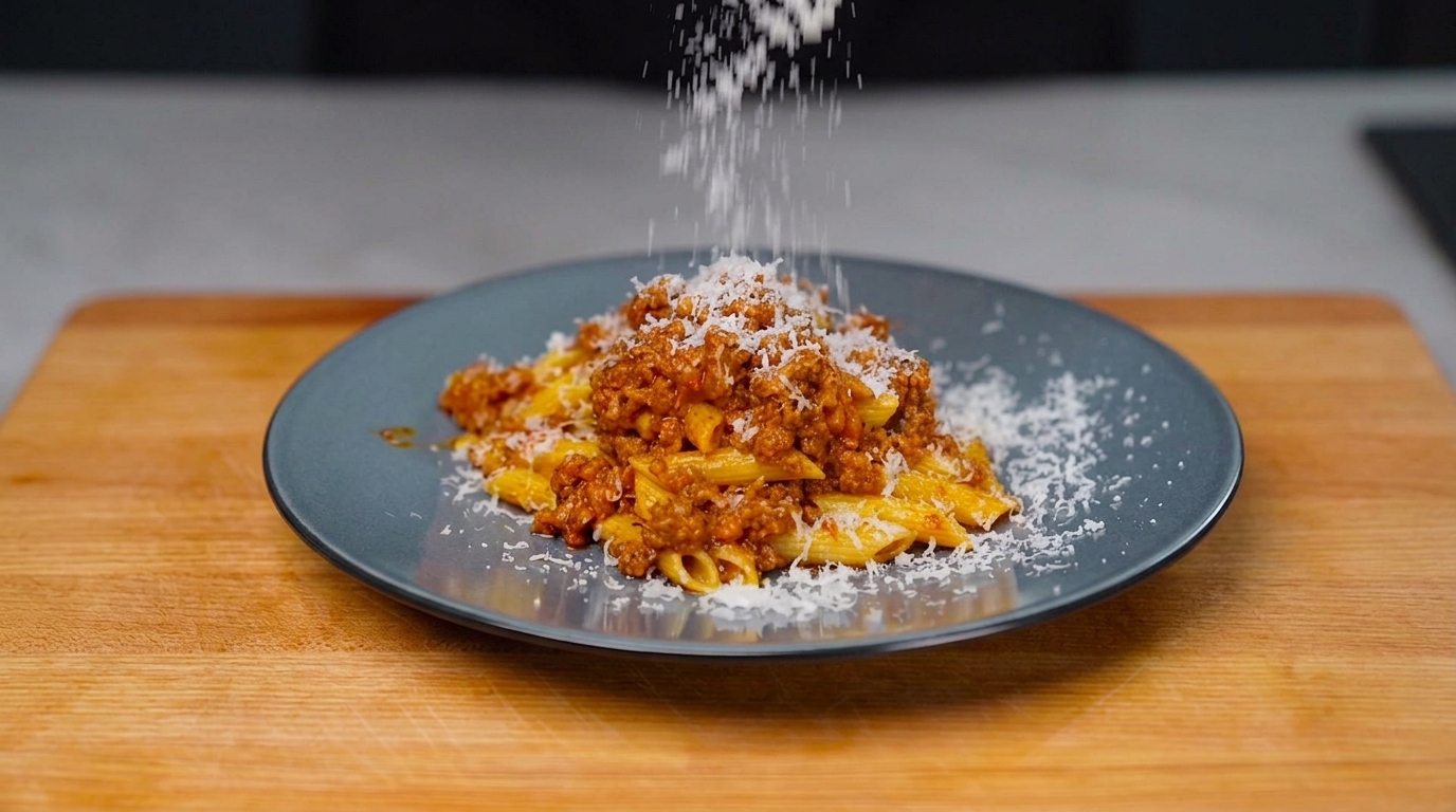 Auténtico ragú a la boloñesa tradicional con pasta penne
