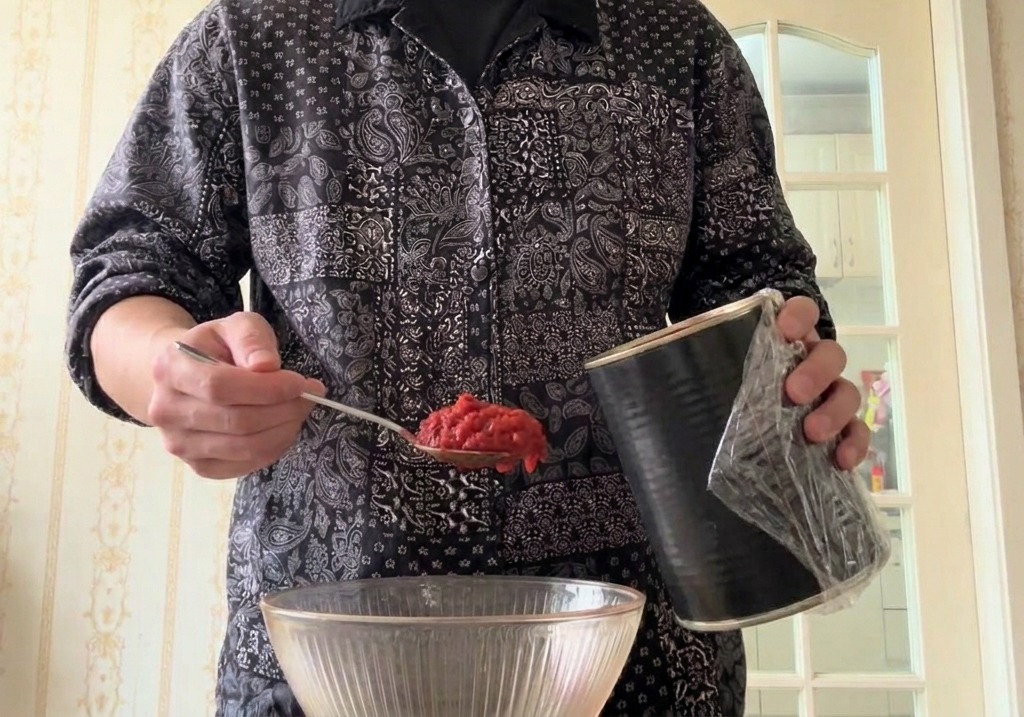 Una mano usando una cuchara para sacar tomates enteros pelados de una lata y pasarlos a un bol de vidrio transparente.