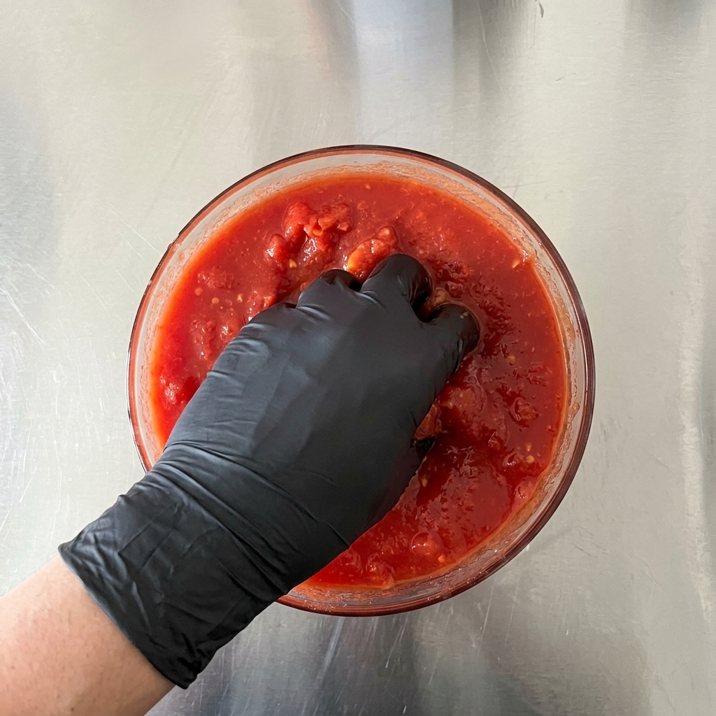 Una mano con un guante negro sumergida en un bol de vidrio, triturando tomates rojos enteros para hacer una salsa espesa.