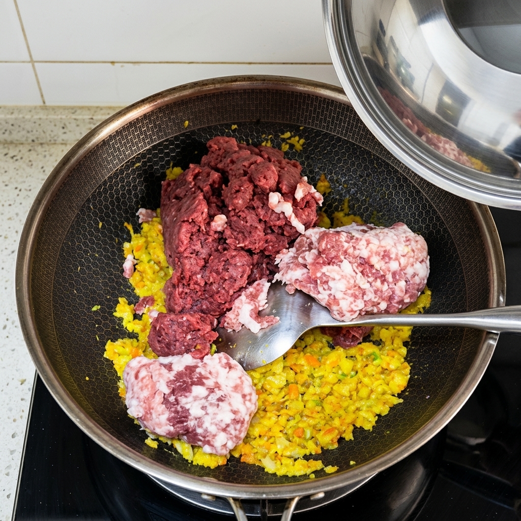 Carne molida de res y de cerdo crudas añadidas a una sartén con verduras sofritas.