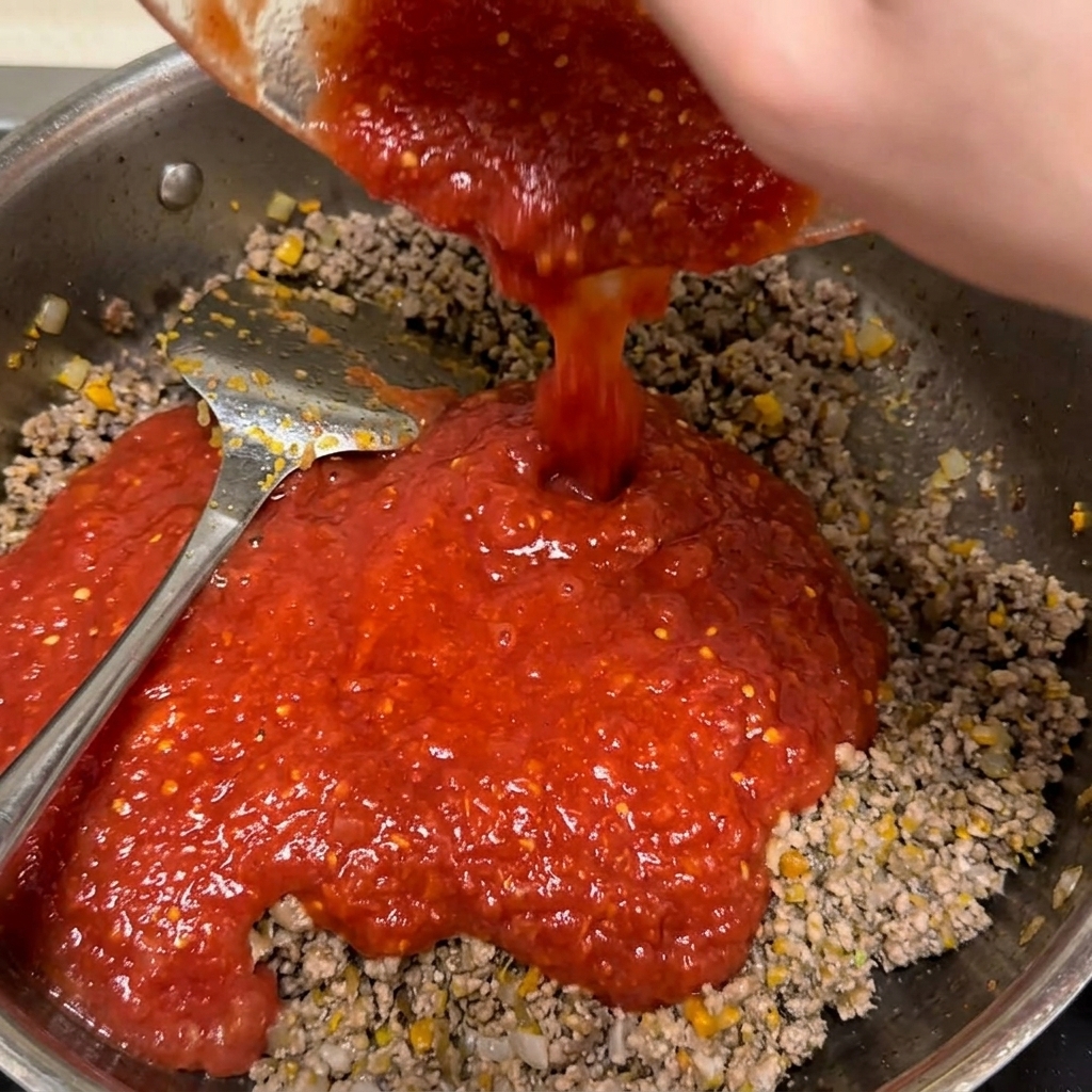 Tomates triturados vertiéndose desde un bol en una sartén con salsa de carne.