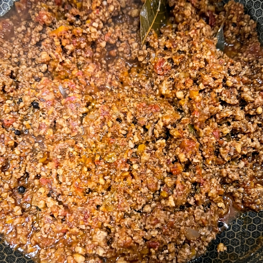 Vista de cerca de una salsa boloñesa espesa y muy reducida en una sartén con granos de pimienta negra visibles.