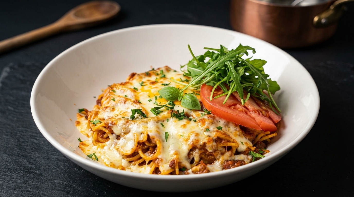 Pasta boloñesa al horno con queso fundido y yema de huevo