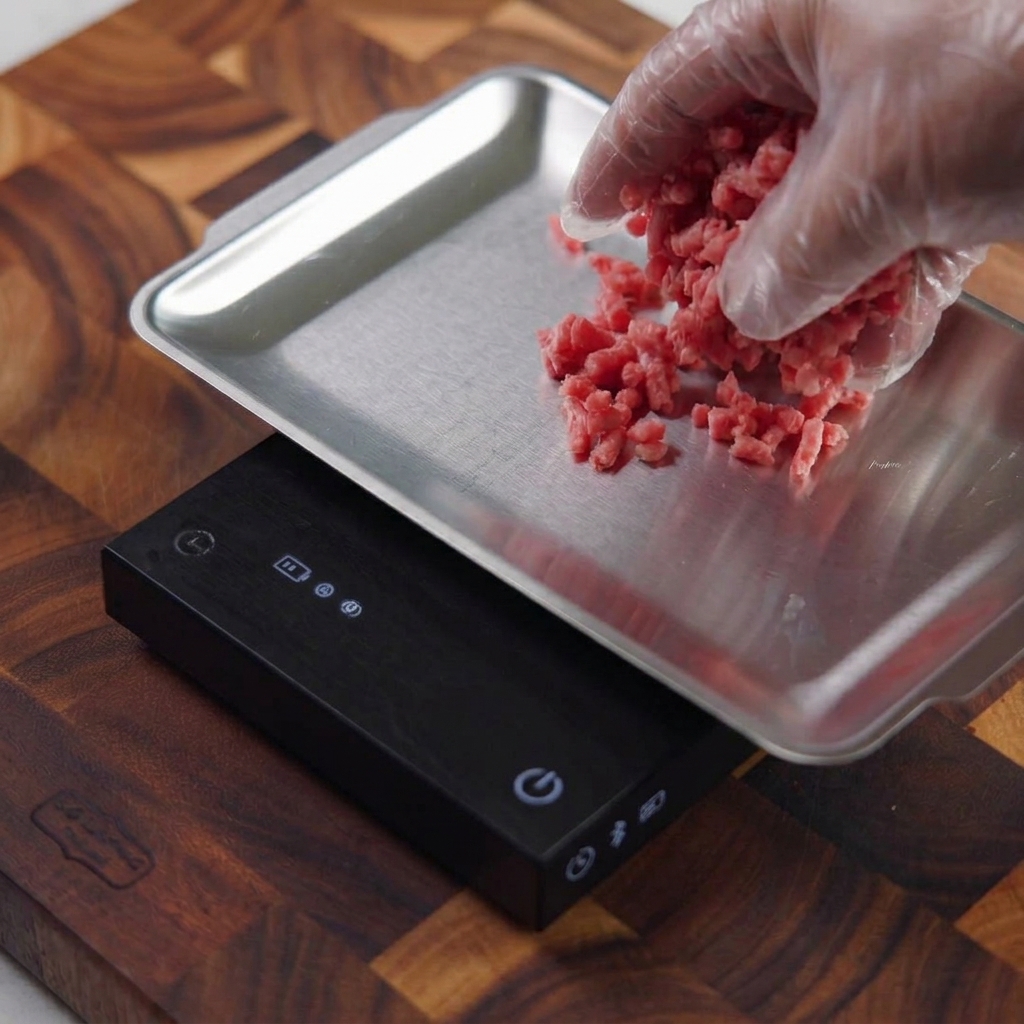 Una mano con guante colocando un puñado de carne picada cruda en una bandeja metálica sobre una báscula de cocina digital negra.